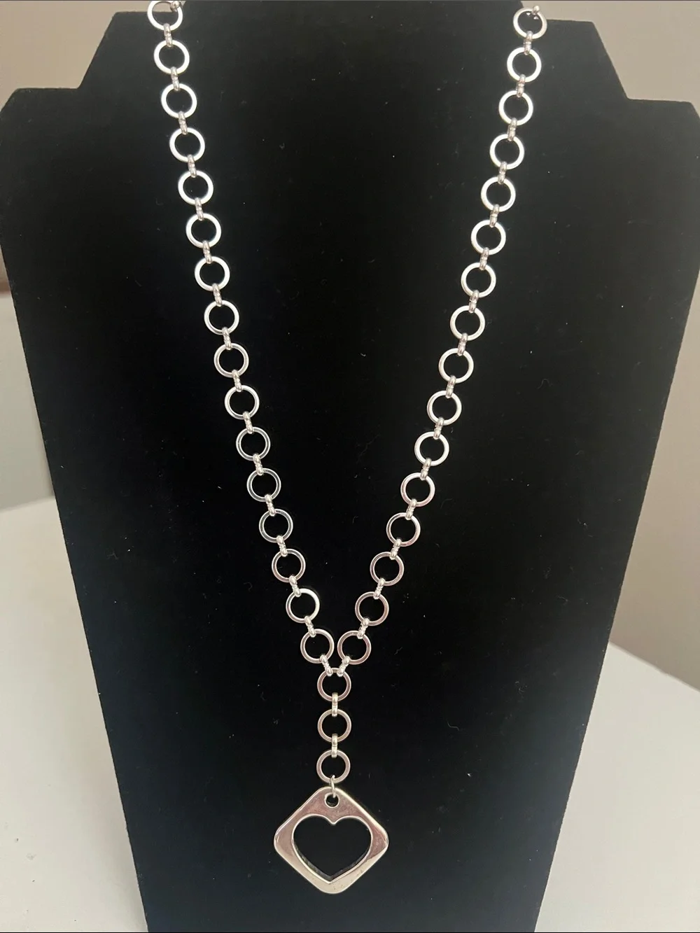 Shiny Silver Tone Heart Drop Link Necklace - Vintage
